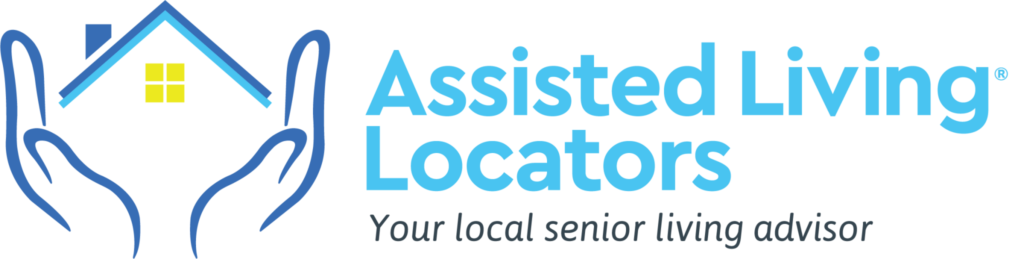 Assisted Living Locators logo: two blue hands cradle a house with a blue roof and yellow window, beside the brand name and tagline.