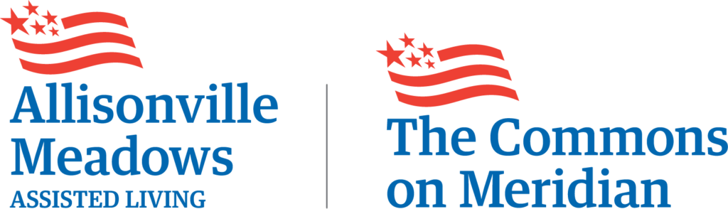 Logo pair: Allisonville Meadows Assisted Living on the left and The Commons on Meridian on the right, with red stars and waving red stripes above blue text.